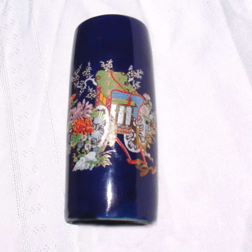 Blue Bud Vase Japan Vintage Porcelain Glass Gold Leaf Home Decor Small Vases VTG - Picture 3 of 10